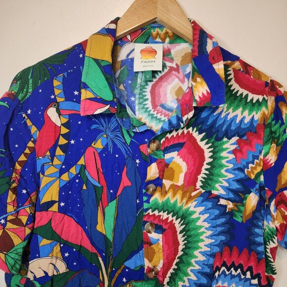 Farm Rio Button Shirt Forrest Parrot Tropical Boho Multi Color Womens Large - Picture 2 of 13
